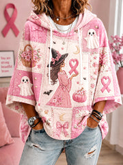Women's In October We Wear Pink Halloween Pink Witch And Ghost Print Breast Cancer Awareness Support Short-Sleeve Hoodie