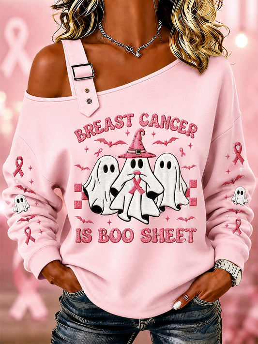 Women’s Breast Cancer Is Boo Sheet Print Casual Off-Shoulder Sweatshirt
