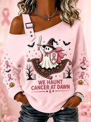 Women’s We Haunt Cancer At Dawn Print Casual Off-Shoulder Sweatshirt
