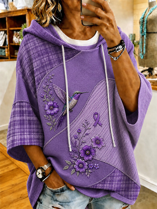 Women's Purple Floral & Hummingbird Print Alzheimer's Awareness Support Short-Sleeve Hoodie
