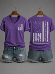 Women's Purple Ribbon Remember For Those Who Cannot USA Flag Print Alzheimer's Awareness Support V-Neck Tee