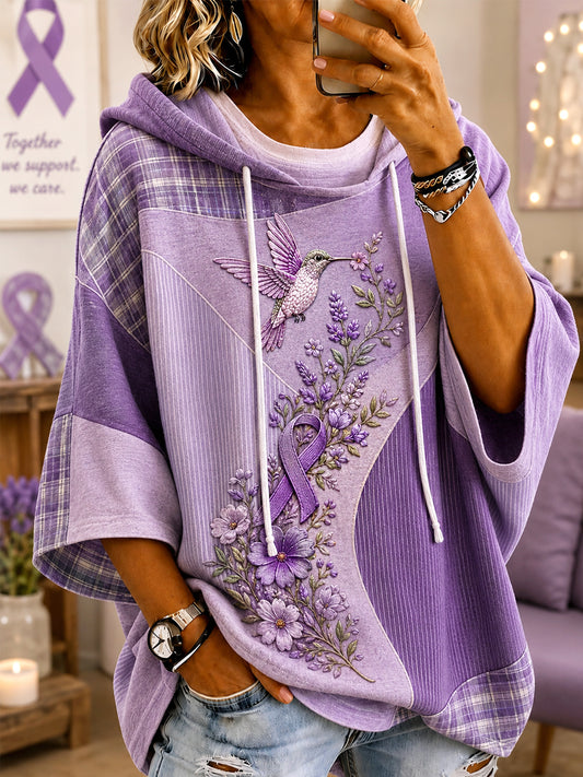 Women's Patchwork Purple Floral & Hummingbird Print Alzheimer's Awareness Support Casual Short-Sleeve Hoodie