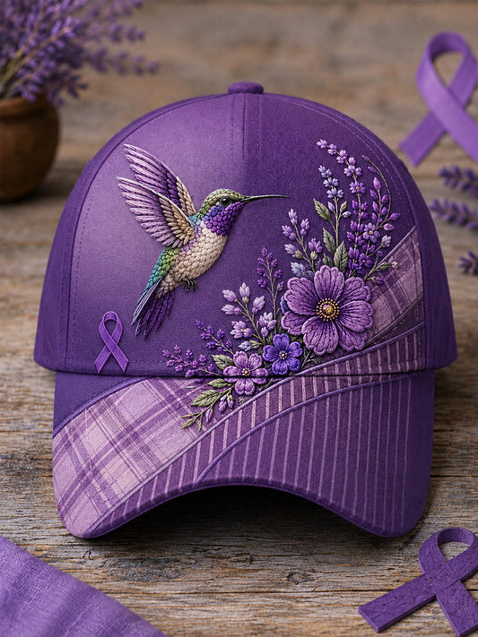 Unisex Patchwork Purple Floral & Hummingbird Print Alzheimer's Awareness Support Hat