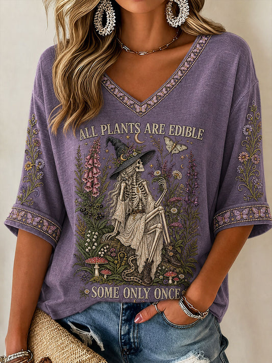 Women's "All Plants Are Edible Some Only Once" Halloween Witch Floral Print Casual T-shirt