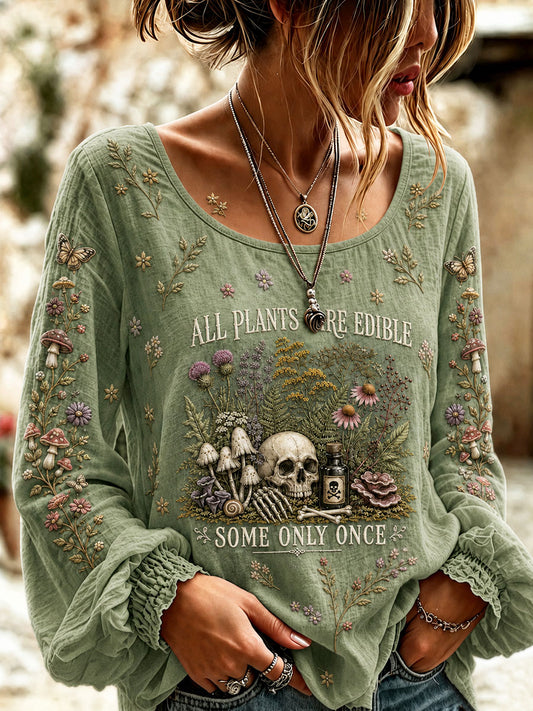 Women's "All Plants Are Edible Some Only Once" Halloween Floral Print Casual Cotton-Linen Shirt