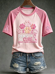 Women's breast cancer theme Paws For The Cure slogan cute dog print casual short-sleeve T-shirt