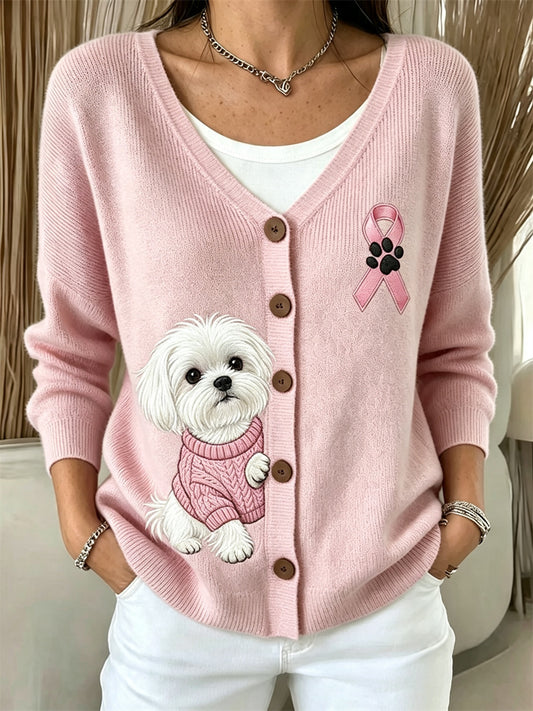Women's Peeking Maltese Dog Pink Ribbon Breast Cancer Awareness Cozy Cardigan
