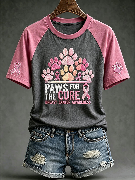 Women's breast cancer theme Paws For The Cure slogan cute dog print casual short-sleeve T-shirt