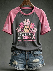 Women's breast cancer theme Paws For The Cure slogan cute dog print casual short-sleeve T-shirt