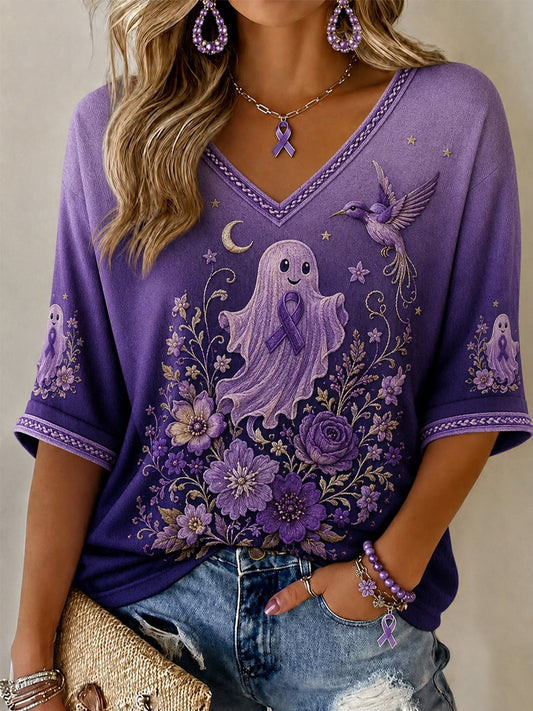 Women's Purple Floral & Ghost Print Alzheimer's Awareness Support Half-Sleeves V-Neck T-Shirt