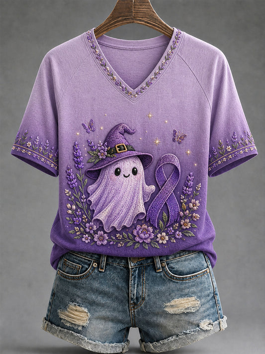 Women's Purple Ribbon Floral & Cute Ghost Print Alzheimer's Awareness Support V-Neck Tee