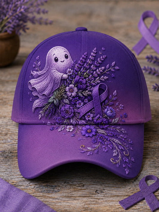 Unisex Purple Ribbon Floral & Cute Ghost Print Alzheimer's Awareness Support Hat