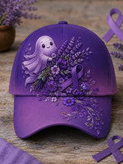 Unisex Purple Ribbon Floral & Cute Ghost Print Alzheimer's Awareness Support Hat