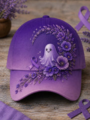 Unisex Purple Ribbon Floral & Cute Ghost Print Alzheimer's Awareness Support Hat