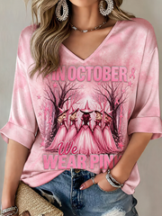 Women's in october we wear pink Mid-length Sleeves V-Neck T-Shirt