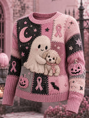 Women's Halloween Pink Ghost And Dog Pink Ribbon Print Breast Cancer Awareness Support Sweater
