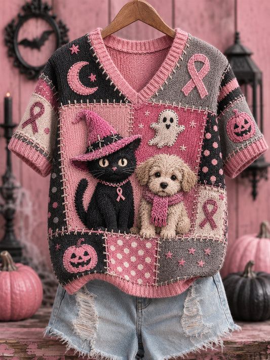 Women's Halloween Pink Dog And Cat Pink Ribbon Print Breast Cancer Awareness Support V-Neck Top