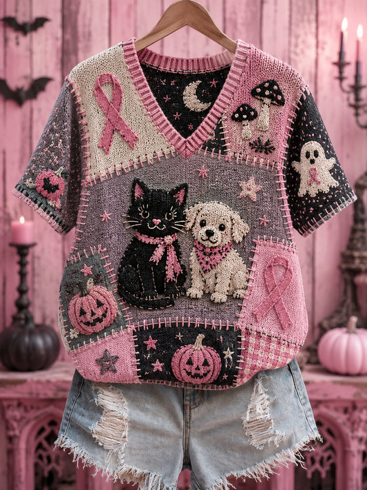Women's Halloween Pink Dog And Cat Pink Ribbon Print Breast Cancer Awareness Support V-Neck Top