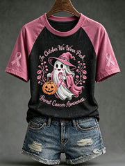 Women's Breast Cancer Theme Halloween Cute Boo Elements Pattern Printed Casual Short Sleeve T-Shirt