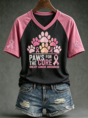 Women's Breast Cancer Themed Cute Dog Paw Pattern Printed V-neck Short-Sleeved T-shirt