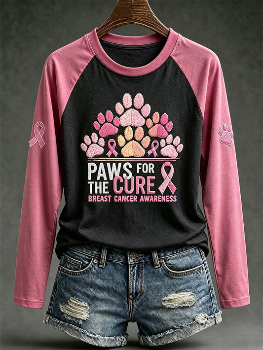 Women's Breast Cancer Themed Cute Dog Paw Pattern Prints Casual Long-sleeved T-shirt