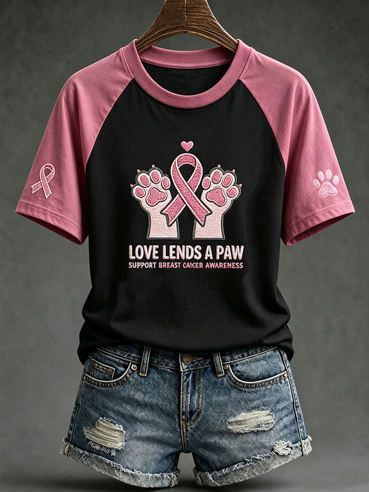 Women's Breast Cancer Theme Cute Dog Paw Pattern Printed Casual Short Sleeve T-Shirt