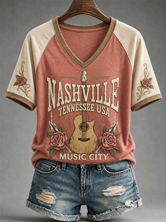 Women's Nashville Born for the Stage Embroidered Print Casual V-Neck Tee