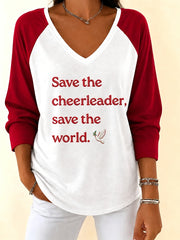 Women's Save The Cheerleader Save The World Printed V-Neck Long Sleeve T-Shirt