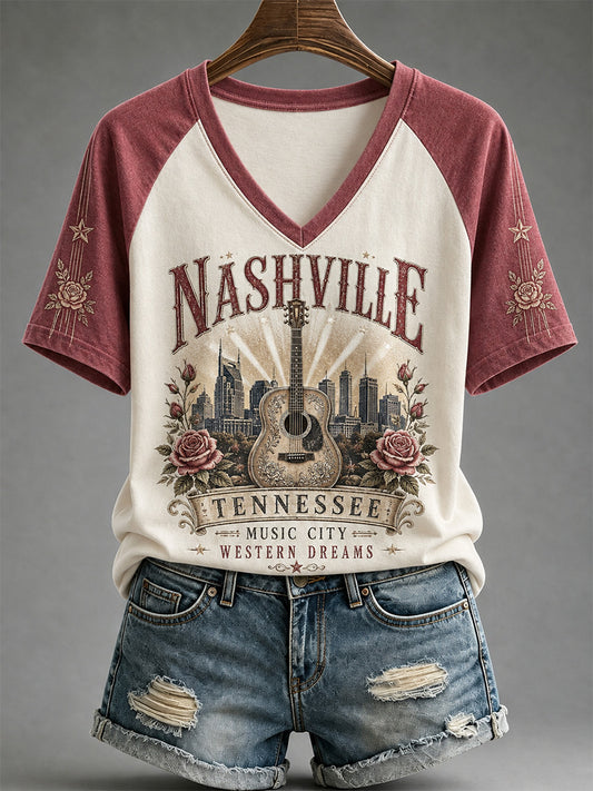 Women's Nashville Born for the Stage Embroidered Print Casual V-Neck Tee