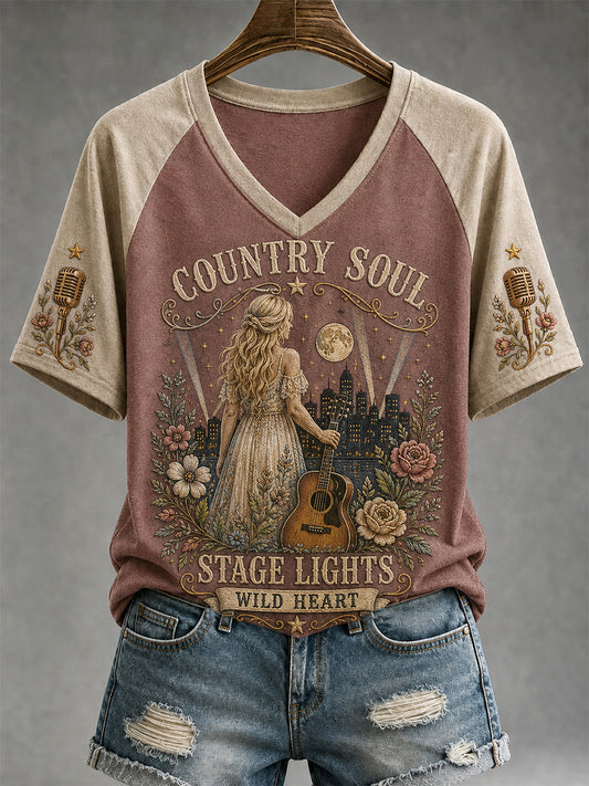 Women's Nashville Born for the Stage Embroidered Print Casual V-Neck Tee