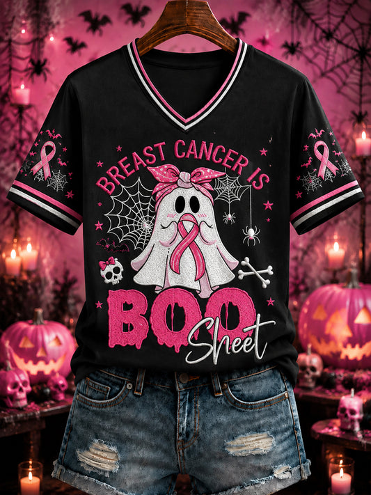 Women's “BREAST CANCER IS BOO Sheet” Printed V-neck T-shirt