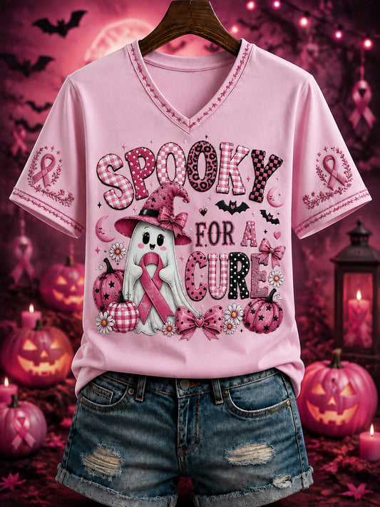Women's “SPOOKY FOR A CURE” Printed V-neck T-shirt