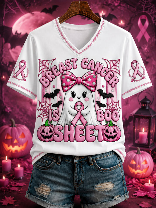 Women's “BREAST CANCER IS SHEET BOO” Printed V-neck T-shirt