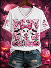 Women's “BREAST CANCER IS SHEET BOO” Printed V-neck T-shirt