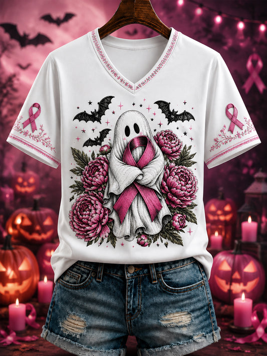 Women's Halloween Breast Cancer Pink Flowers Printed V-neck T-shirt
