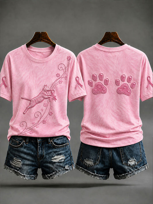 Women's Cat Print Breast Cancer Prevention T-shirt