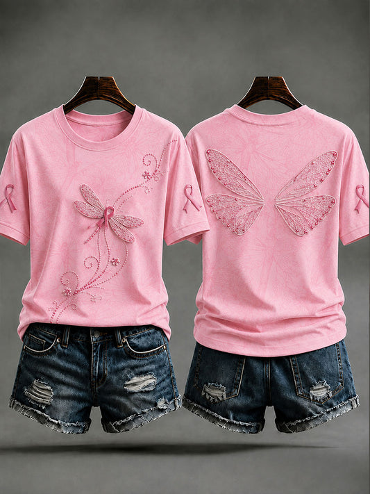 Women's Dragonfly Print Breast Cancer Prevention T-shirt