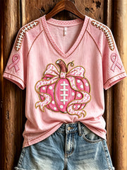 Women's Football Inspired Pink Breast Cancer Pumpkin Floral Print short-sleeved T-shirt