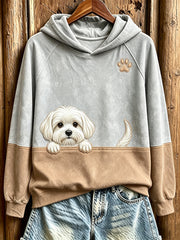 Women's  Peeking Maltese Dog & Paw Print Contrast Color Cozy Sweatshirt