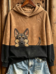 Women's  Peeking German Shepherd & Paw Print Contrast Color Cozy Sweatshirt