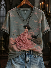 Women's Witch with Pink Dress & Black Cat Print short-sleeved T-shirt