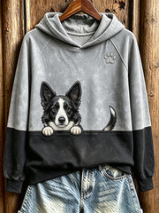 Women's  Peeking Border Collie & Paw Print Contrast Color Cozy Sweatshirt