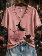 Women's Witch with Pink Dress & Black Cat Print short-sleeved T-shirt