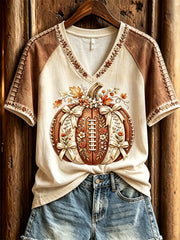 Women's Football Inspired Fall Pumpkin Floral Print short-sleeved T-shirt
