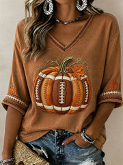 Women's Football Inspired Fall Pumpkin & Leaves Print Mid-length Sleeves V-Neck T-Shirt