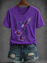 Women's Purple  Art Printed V-neck T-shirt