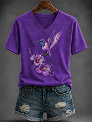 Women's Purple  Art Printed V-neck T-shirt