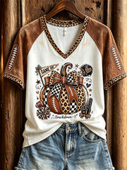 Women's Football Inspired Fall Pumpkin Print short-sleeved T-shirt