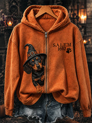 Women's Salem 1692 Peeking Dachshund Dog Witch Print Full Zip Hoodie