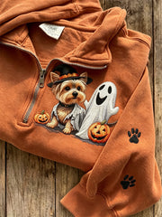 Women's Halloween Yorkshire Dog & Ghost Print Zip Up Sweatshirt